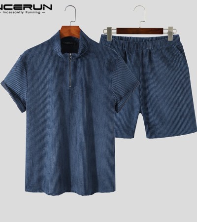Beehoo INCERUN男式短袖拉链套装短裤适合睡衣内衣（西式）