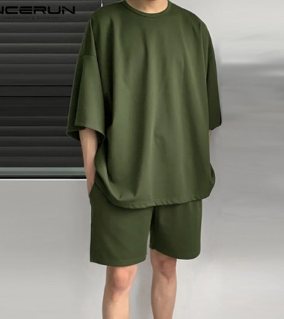 INCERUN男式短睡衣套装睡衣日式宽松上衣短裤睡衣套装（韩式）