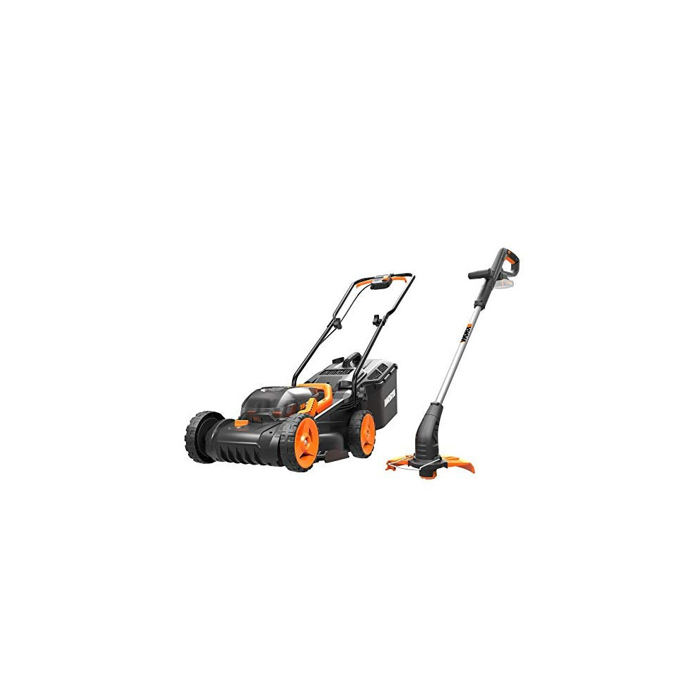 WORX WG927E Dual 20V Battery 34cm Cordless Lawn Mower & 18V (20V MAX) Cordless Grass Trimmer 